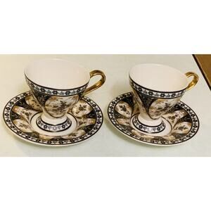 Grace Fine Porcelain Blk, Wht, Gold Tea Cup And Saucer Set Of 2 Japan Design